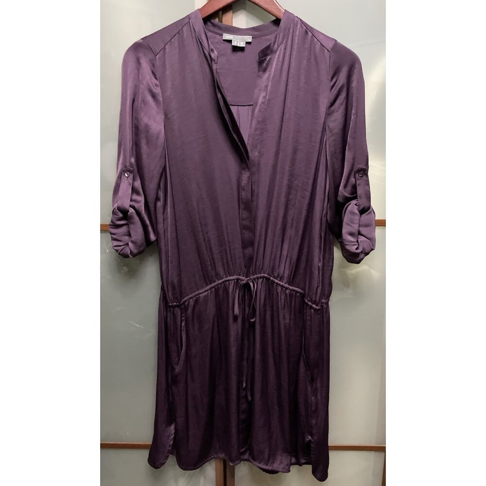 Vince Shirt Dress Roll Up Tab Long Sleeve Size S Plum Drawstring Waist Pockets